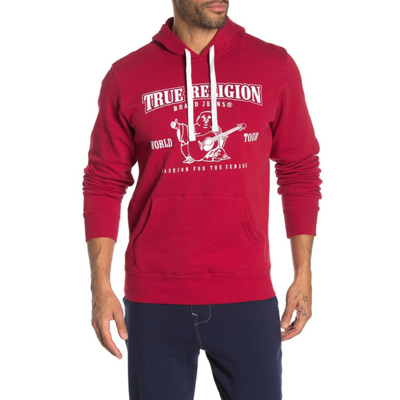 True Religion Men's Buddha Logo Pullover Hoodie Sweatshirt in Ruby Red - Picture 2 of 3